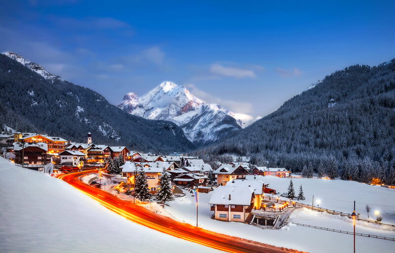 Snow-covered Village — Blue, Serene, Winter, Photograph, Mountains, Trees, Road