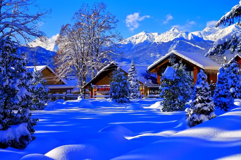 Snow-covered Village — Blue, Serene, Winter, Photograph, Mountains, Trees