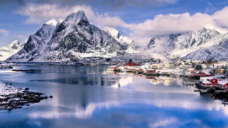Snow-covered Village — Blue, Serene, Winter, Photograph, Mountains, Water