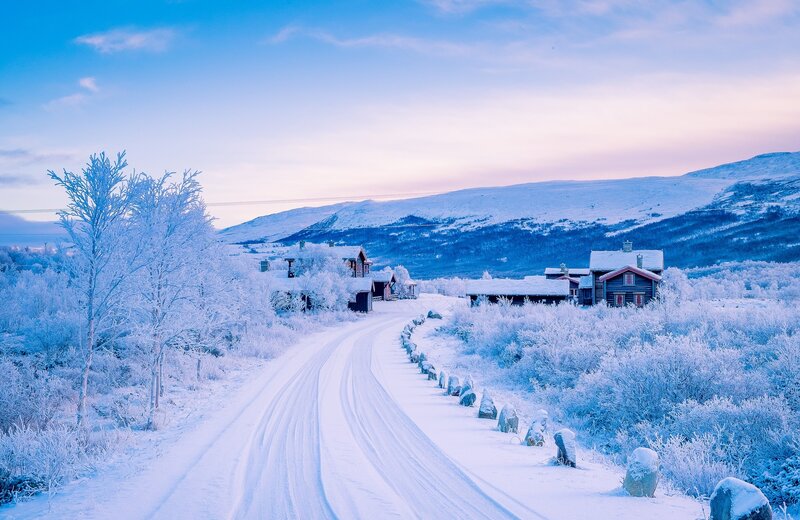 Snow-covered Village — Blue, Serene, Winter, Photograph, Road