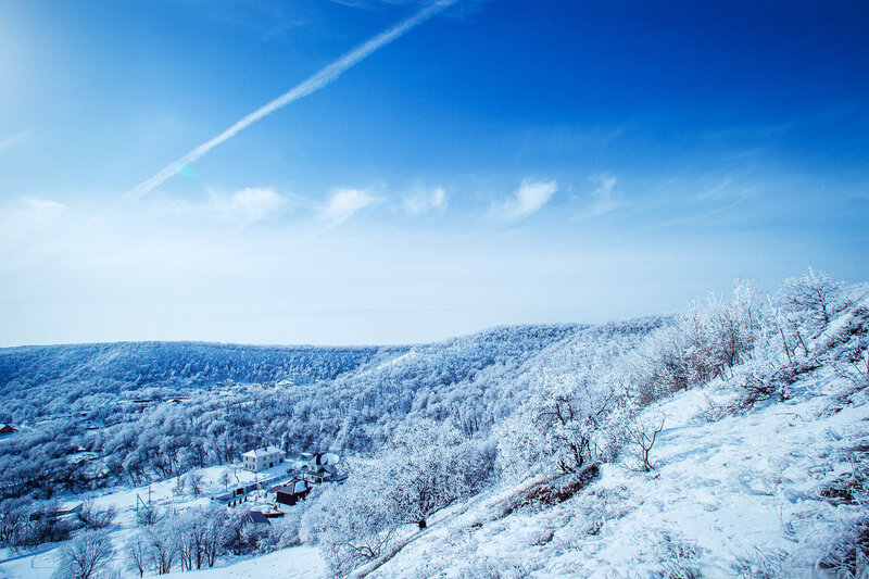 Snow-covered Village — Blue, Serene, Winter, Photograph, Trees, Hills