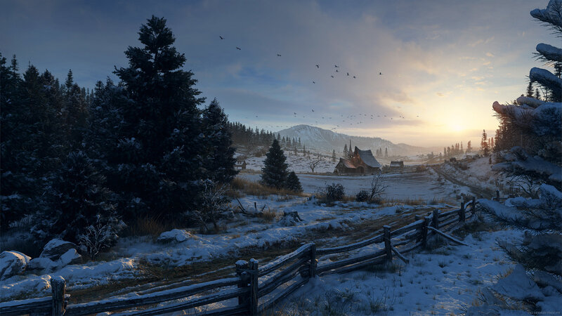 Snow-covered Village — Blue, Serene, Winter