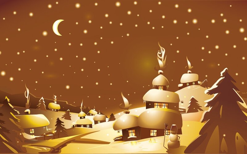 Snow-covered Village — Brown, Serene, Night