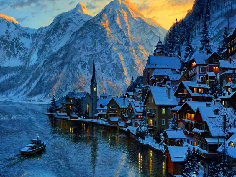 Snow-covered Village by Lake — Blue, Serene, Sunset