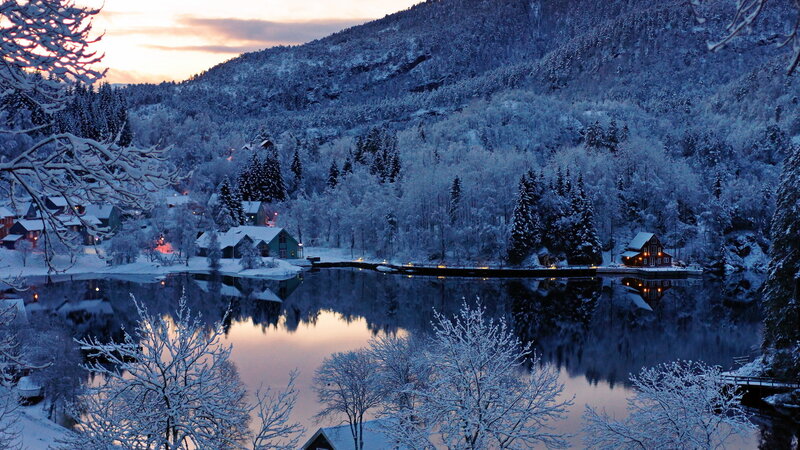 Snow-covered Village by Lake — Blue, Serene, Winter, Photograph, Mountain
