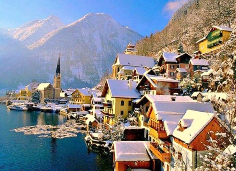 Snow-covered Village by Lake — Blue, Serene, Winter, Photograph