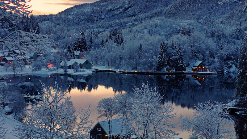 Snow-covered Village by Lake — Blue, Serene, Winter, Photograph, Trees