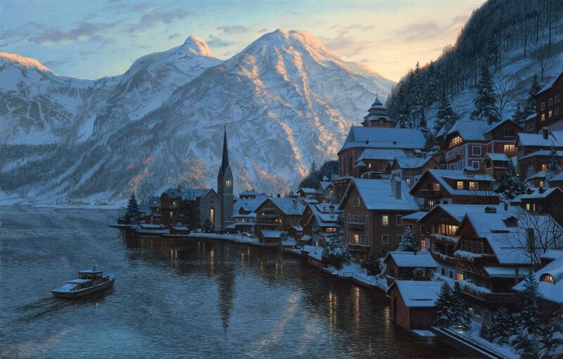 Snow-covered Village by Lake — Blue