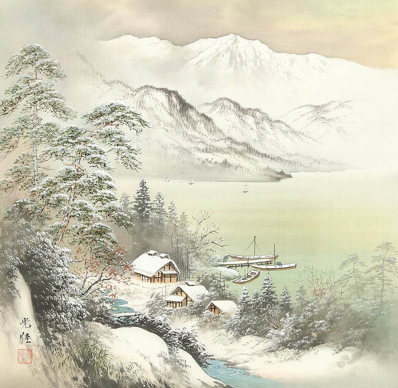 Snow-covered Village by Lake — White