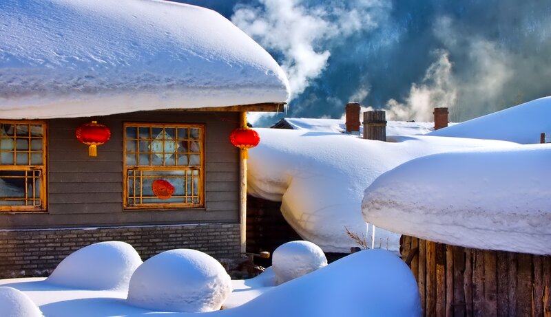 Snow-covered Village House — White