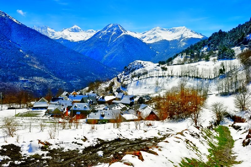 Snow-covered Village in Mountains — Blue, Serene