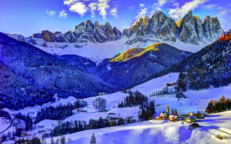 Snow-covered Village in Mountains — Blue