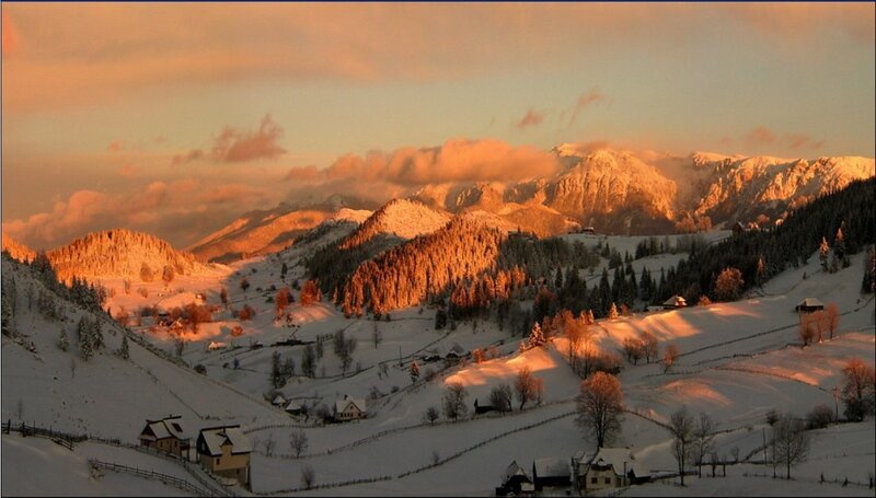 Snow-covered Village in Mountains