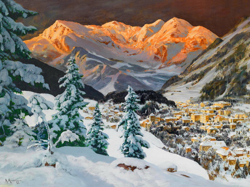 Snow-covered Village in Mountains — White, Dramatic, Sunset