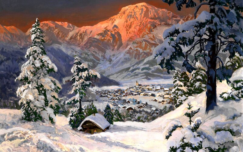 Snow-covered Village in Mountains — White, Dramatic