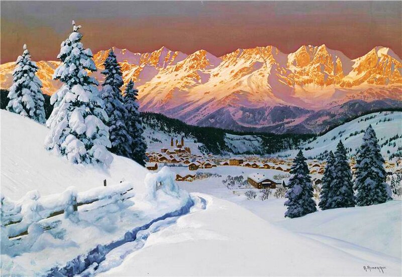 Snow-covered Village in Mountains — White, Serene, Sunset, Painting