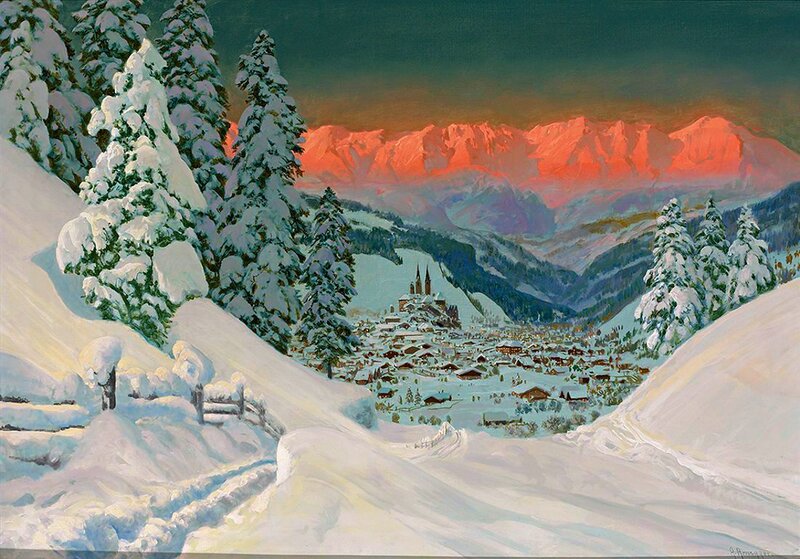 Snow-covered Village in Mountains — White, Serene, Sunset