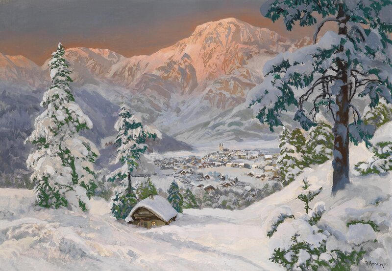 Snow-covered Village in Mountains — White, Serene, Winter, Painting