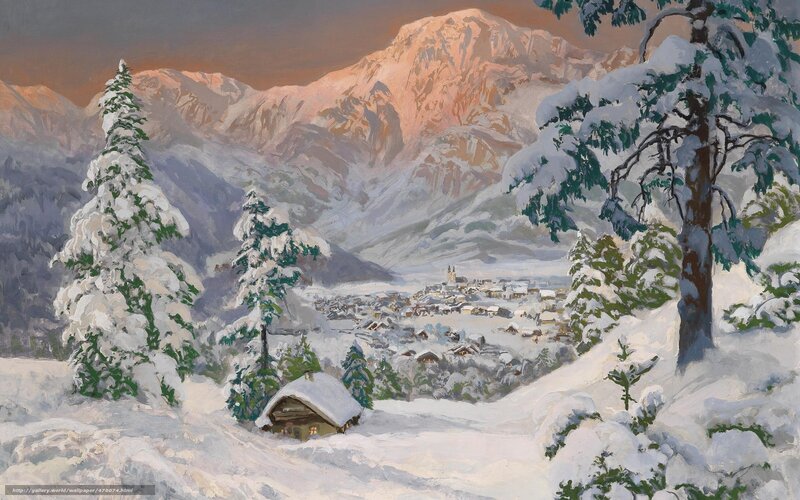 Snow-covered Village in Mountains — White, Serene, Winter, Painting, Trees