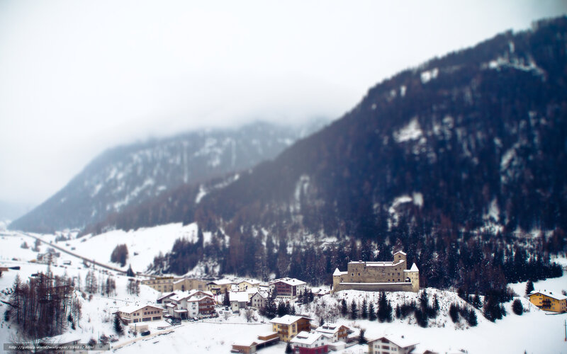 Snow-covered Village in Mountains — White, Serene, Winter, Photograph, Castle