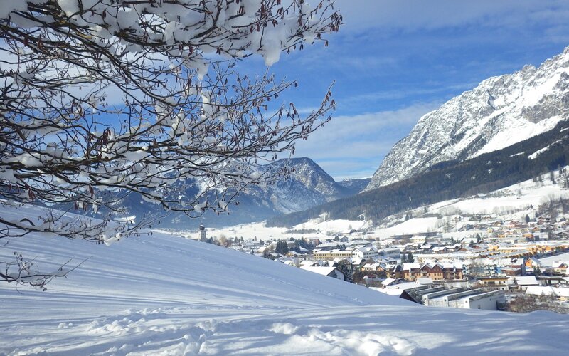 Snow-covered Village in Mountains — White, Serene, Winter, Photograph, Trees