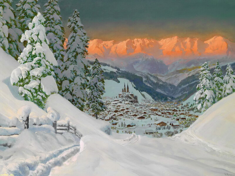 Snow-covered Village in Mountains — White