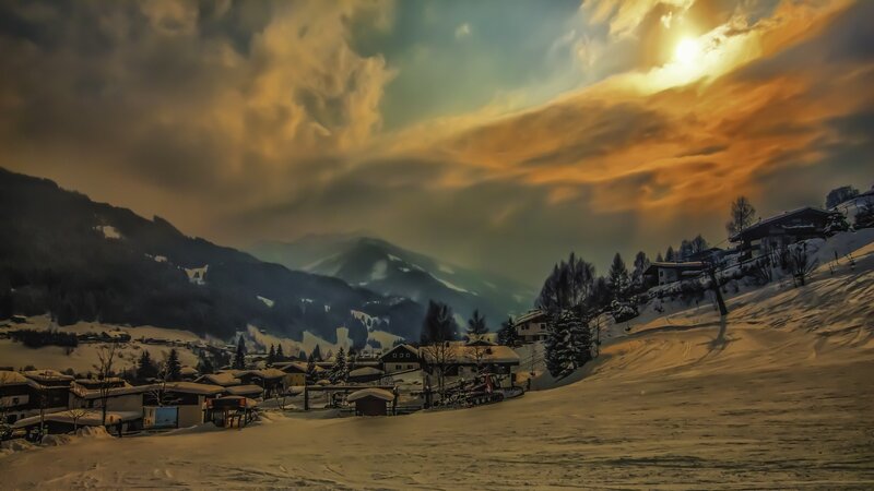 Snow-covered Village in Mountains — Yellow, Dramatic, Sunset