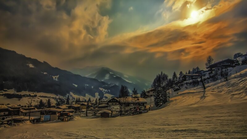 Snow-covered Village in Mountains — Yellow, Dramatic