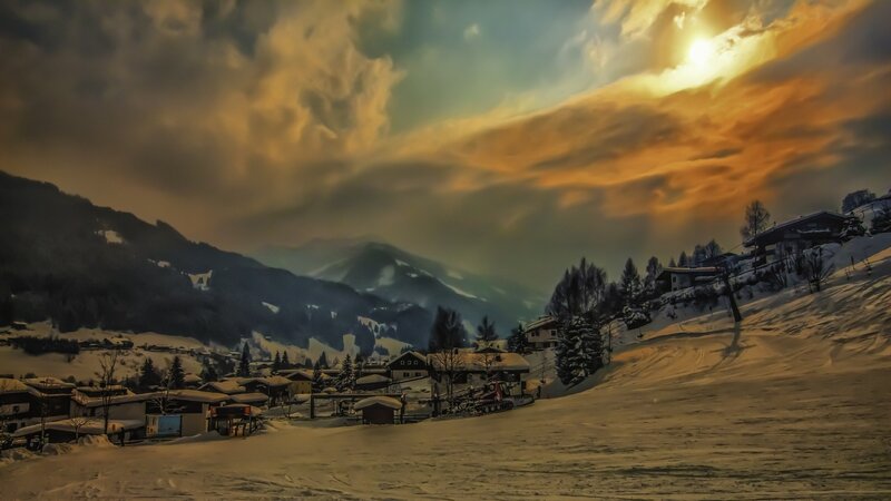 Snow-covered Village in Mountains — Yellow