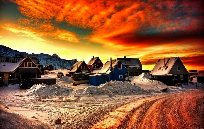 Snow-covered Village — Orange, Dramatic, Sunset