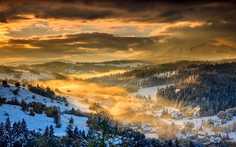 Snow-covered Village — Orange, Dramatic, Winter