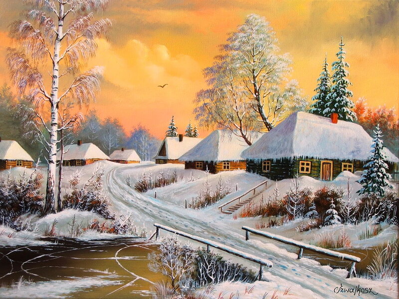 Snow-covered Village — Orange, Serene, Winter