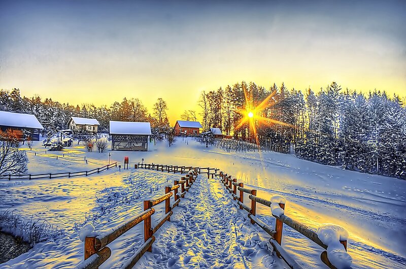 Snow-covered Village Path — Yellow