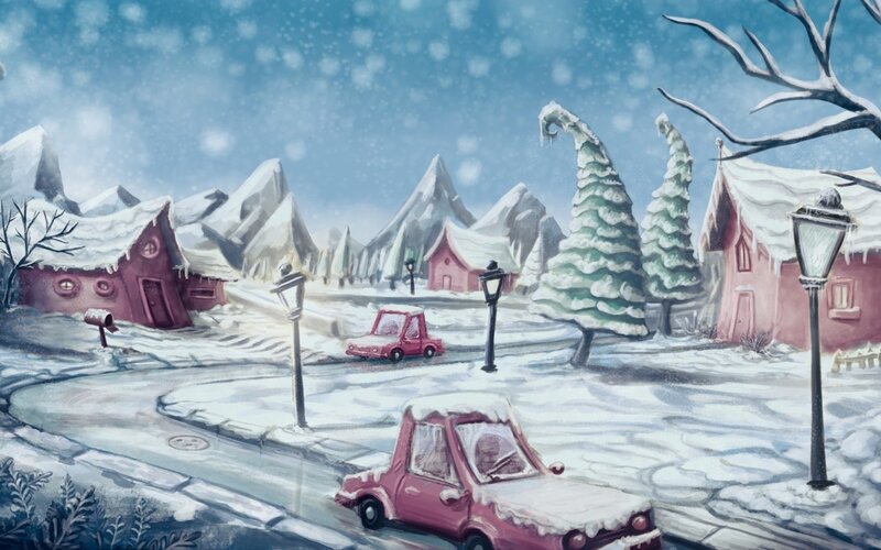 Snow-covered Village — Pink