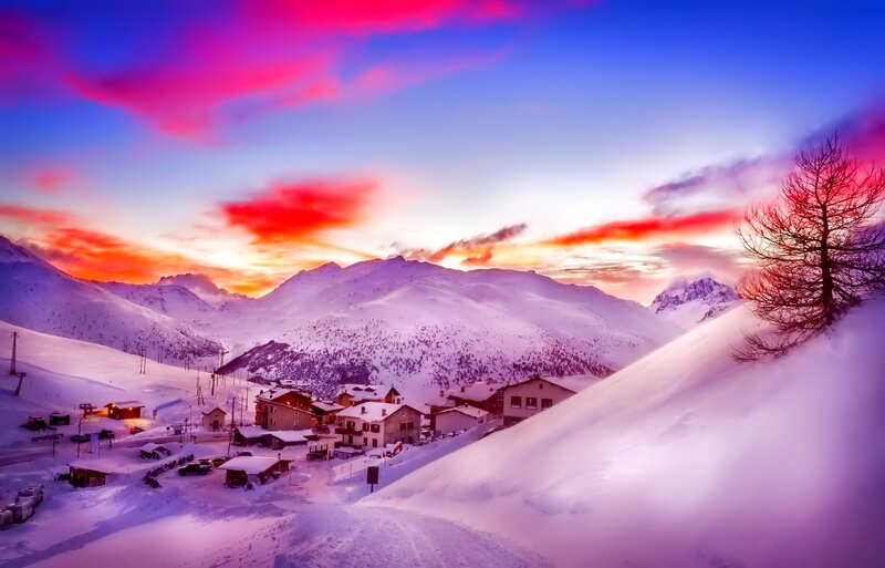 Snow-covered Village — Purple, Dramatic, Sunset