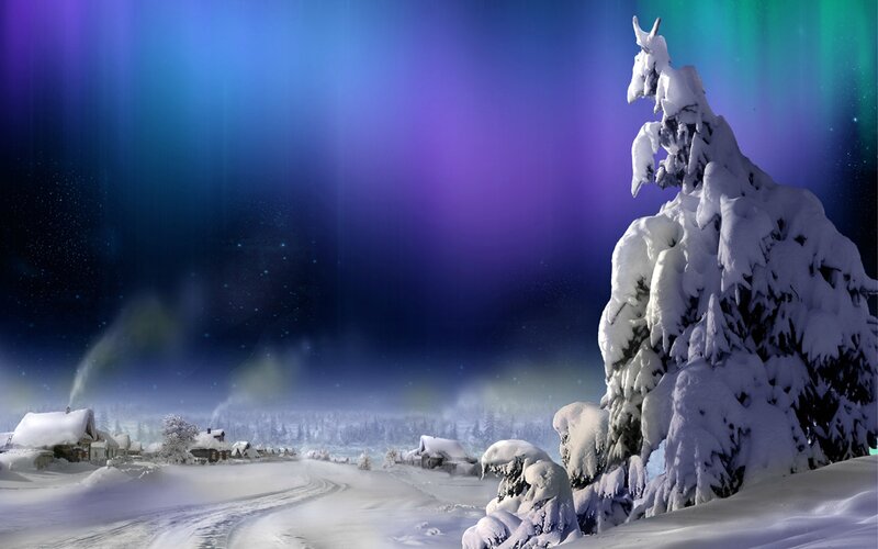 Snow-covered Village — Purple, Serene, Night, Digital Art, Aurora Borealis