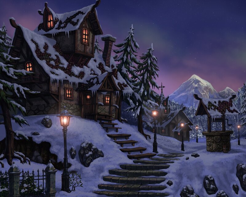Snow-covered Village — Purple, Serene, Night, Digital Art, Mountain