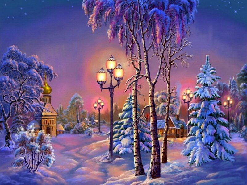 Snow-covered Village — Purple, Serene, Night, Painting