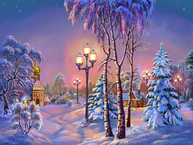 Snow-covered Village — Purple, Serene, Night