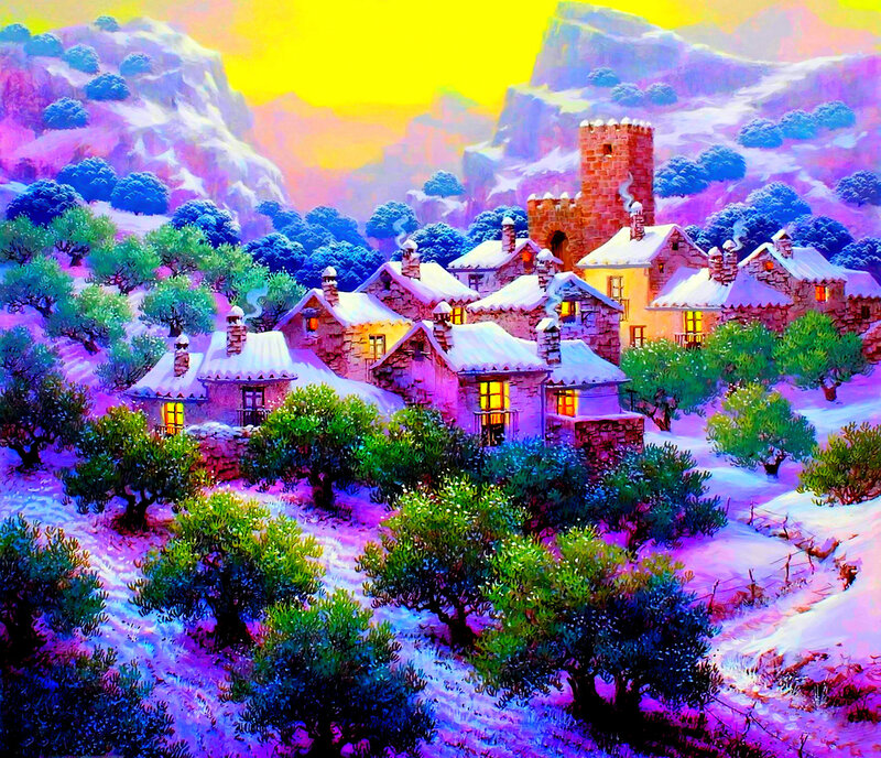 Snow-covered Village — Purple, Serene