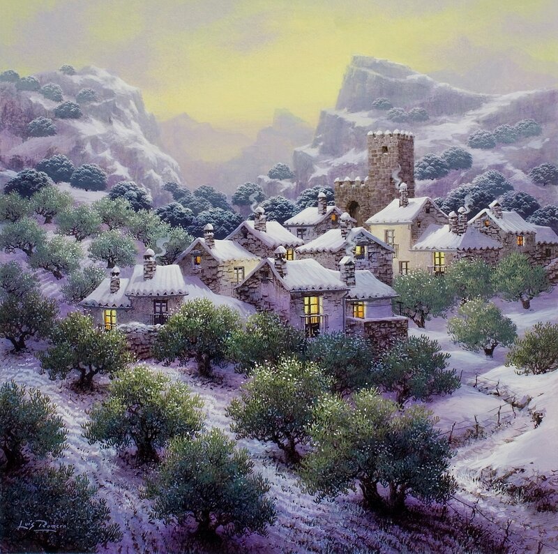 Snow-covered Village — Purple, Serene, Winter, Painting, Mountains