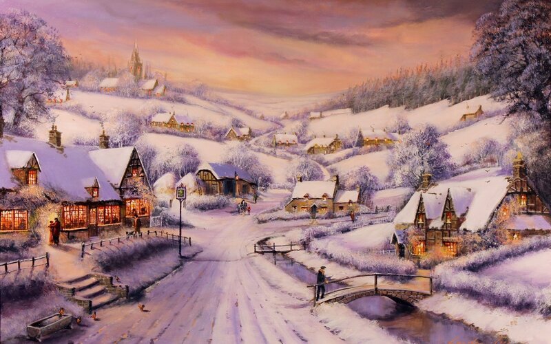 Snow-covered Village — Purple, Serene, Winter, Painting