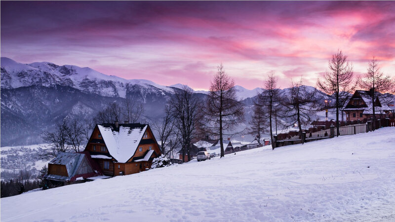 Snow-covered Village — Purple, Serene, Winter, Photograph, Mountains
