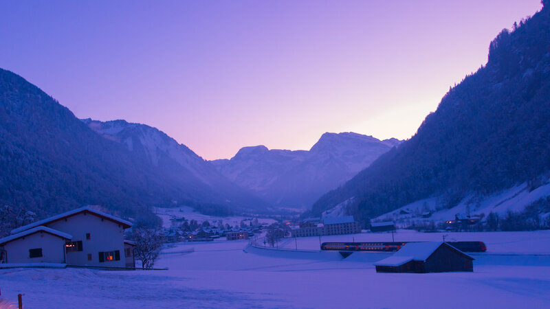 Snow-covered Village — Purple, Serene, Winter, Photograph, Mountains, Train