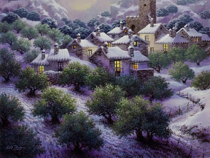Snow-covered Village — Purple, Serene, Winter