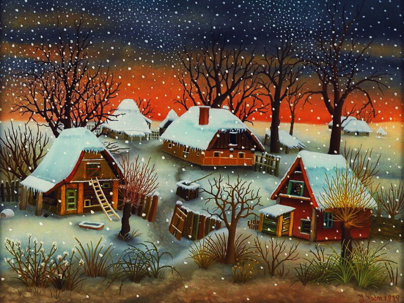 Snow-covered Village — Red, Serene, Winter