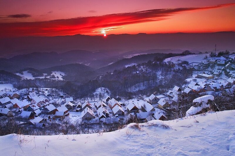 Snow-covered Village — Red