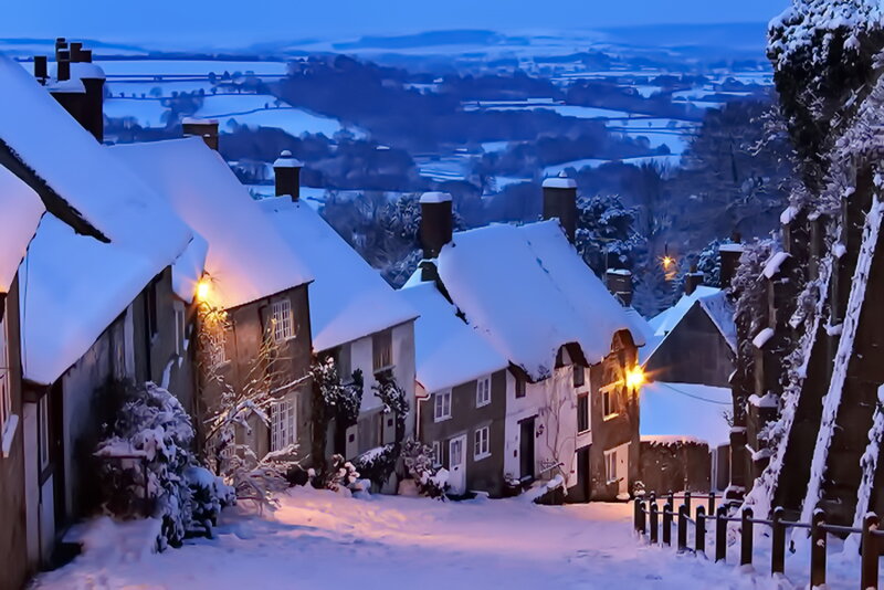 Snow-covered Village Street — Blue