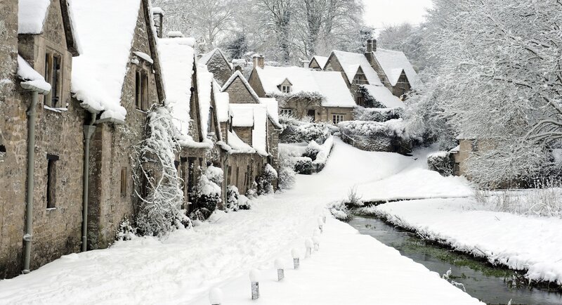 Snow-covered village street