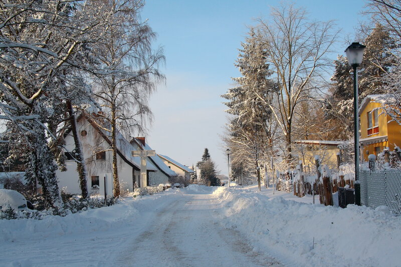 Snow-covered Village Street — White, Serene, Winter, Photograph, Houses, Trees